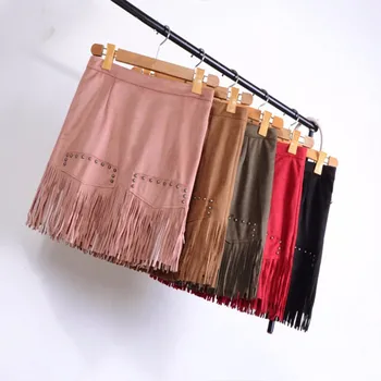 

2016 Autumn Winter New Casual Fashion Elegant Sexy Tassel Rivet Suede Leather High Waisted Women Mini Short A Line Pencil Skirt