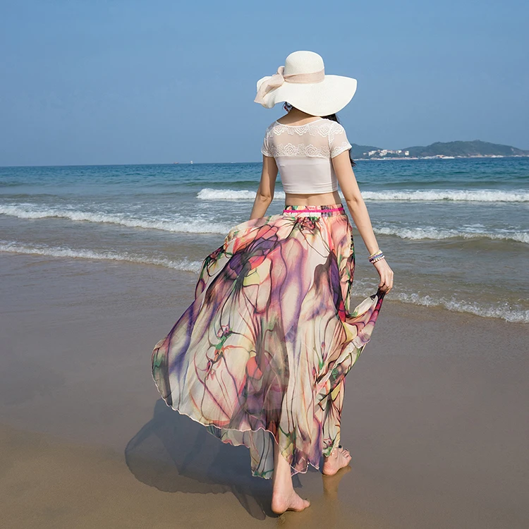 Горячая Новая модная эластичная талия Повседневная шифоновая юбка летняя богемная Цветочная печать пляжная Макси Цветочная длинная юбка для женщин