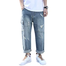 Для Мужчин's джинсы для женщин новые летние рваные прямые девять минут штаны мужские хлопковые Модные мужчин's мотобрюки lossy синие джинсы мужские длинные