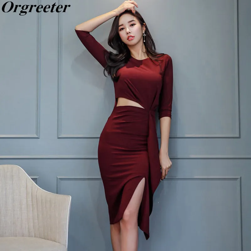 

Sexy Hollow out Split Bodycon Dress Women 2019 Spring Summer Red wine/Black Half sleeve Ruffled Pencil Dress Bandage OL Mid Dres