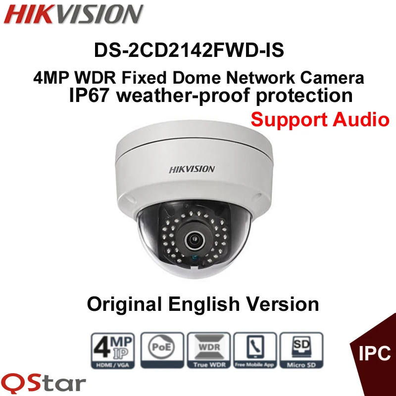 

Hikvision Original English IP Surveillance Camera DS-2CD2142FWD-IS 4MP CCTV IP Camera POE Audio Security Camera P2P IP67 IK10