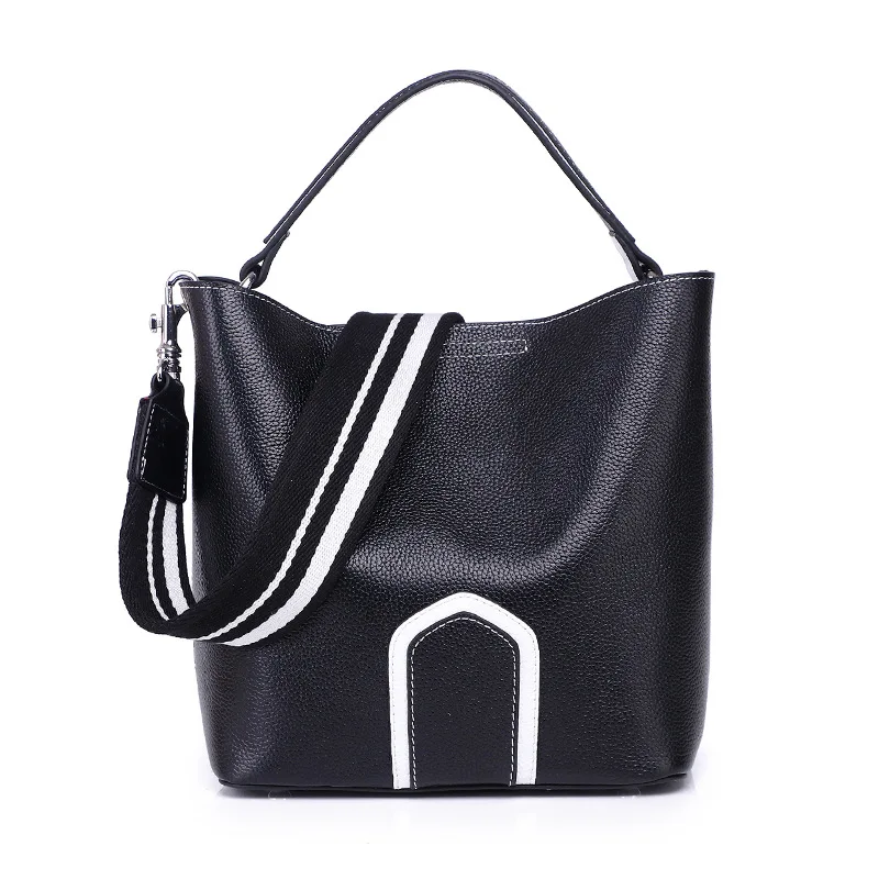 Новинка, Весенняя сумка-мешок из натуральной кожи, женская сумка с 2 ремешками, портативная женская сумка через плечо - Цвет: Черный