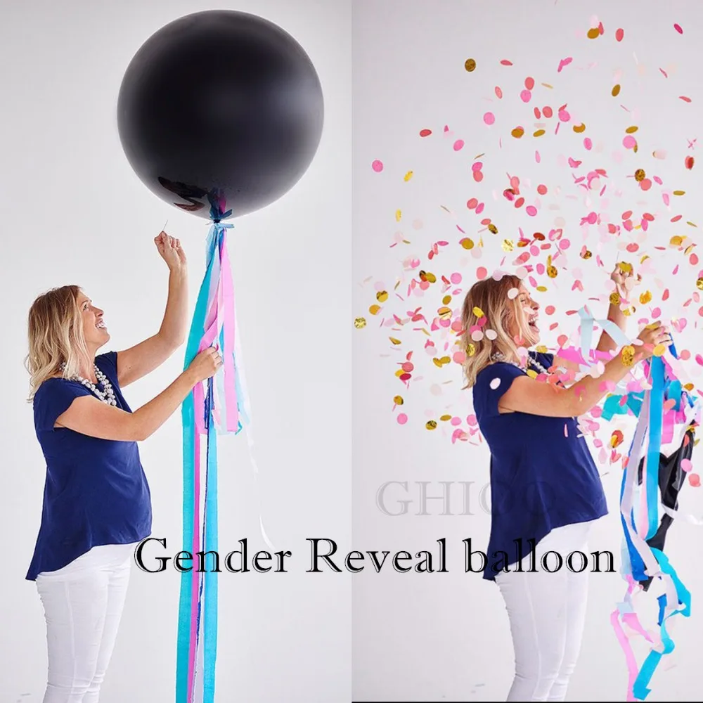 Gender Reveal Black 36/" Balloon Baby Girl Pink Or Baby Boy Blue With Confetti