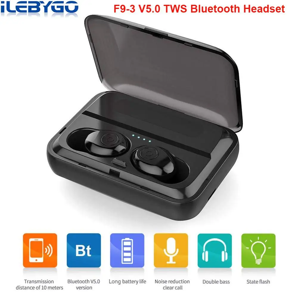 

F9-3 TWS Bluetooth Earphones Mini Stereo True Wireless Earbuds Binaural Calling Handsfree Waterproof Power Bank Holder 1300mah