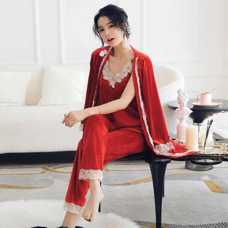 

Velvet Pajamas Set Women Rayon Summer Sexy Lace Mom Pyjamas 4Piece/Set Long Pants Big Size Home Sleepwear 2019 Fashion Clothes