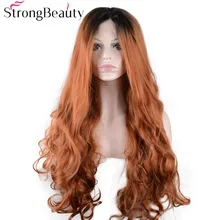 Очень красивые, длинные волнистые Клубничные блонд парик Синтетический Омбре черный к медному кружевному фронту парик