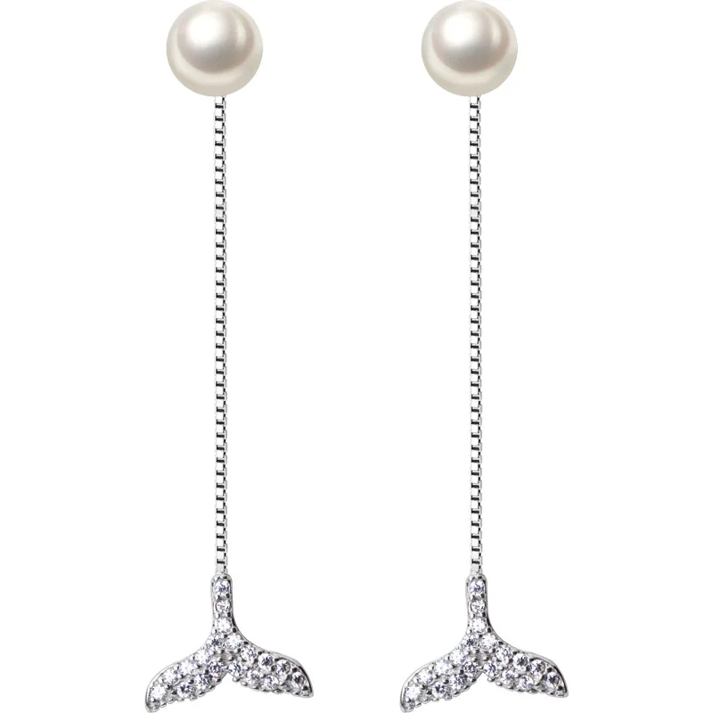 

Elegant Shell Pearl CZ Fish Tail 925 Sterling Dangling Earrings