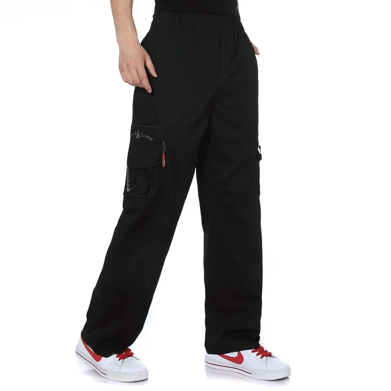 

Men Casual Cargo Pants Army Green Black Beige Cotton Trousers Male Side Baggy Pockets Design Elastic Band Waist Streetwear Man