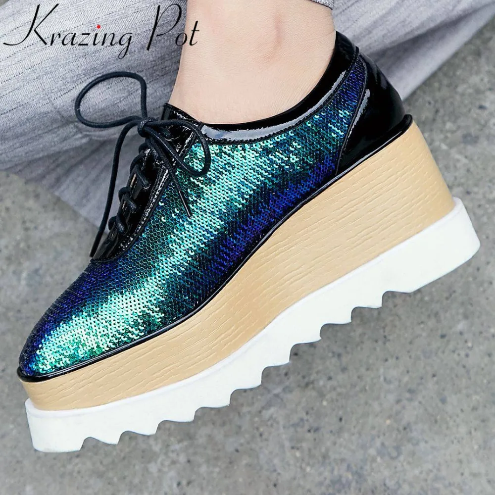 

Krazing pot European designer wedges thick bottom platform square toe new sequined Punk style new fashion runway party pumps L09
