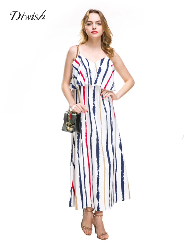 

Diwish Women's Summer Dresses 2019 New Arrival Print Sexy Spaghetti Strap Dress V-neck Long Dress Fashion Chiffon Dress Women