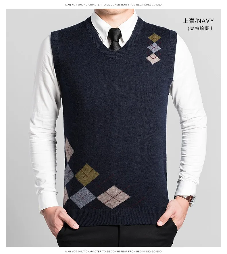 Горячая Slae Высокое качество Мужская Осень модный кашемировый свитер без рукавов пуловер Argyle V шеи шерстяной свитер, жилет
