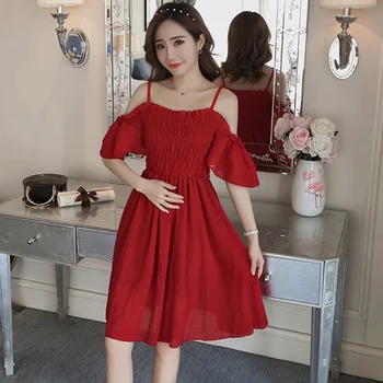 

New summer maternity dress tube top slimming word collar strapless strap dress lotus leaf sleeve red maternity dress