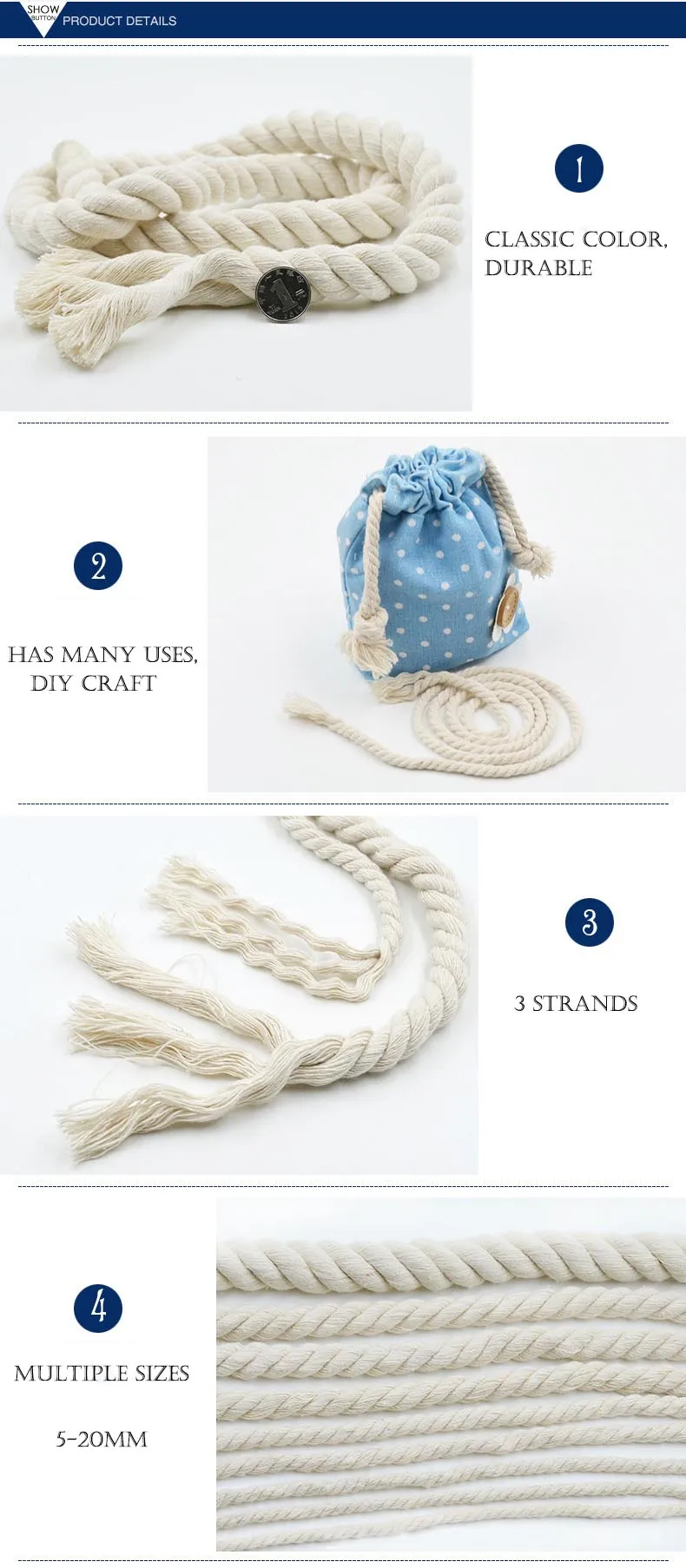 5/10M 6MM/8MM/10MM/12MM 3 Shares Twisted 100% Cotton Cords Twisted Cotton Rope for Bag Home Decor DIY Home Textile Accessories