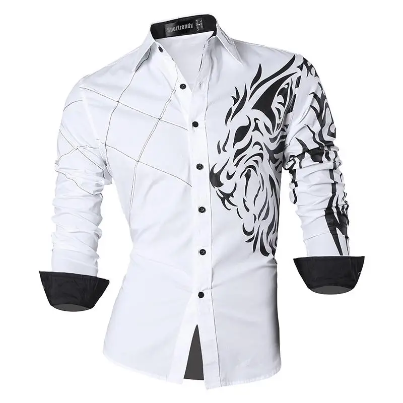

Sportrendy Men's Shirt Dress Casual Long Sleeve Slim Fit Fashion Dragon Stylish JZS045 White