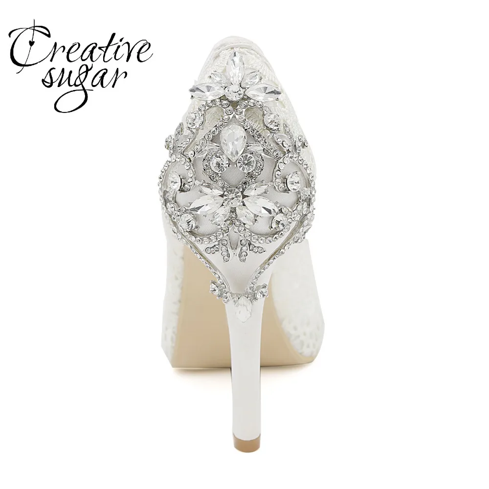 

Creativesugar lady platform open toe lace pumps with crystal on heel noble high heel bridal wedding party evening dress shoes