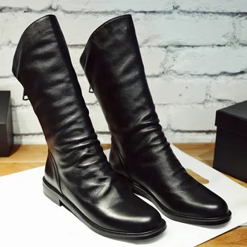 

GPOKHDS 2019 women ankle boots soft Cow leather winter short plush zippers black color round toe low heels motorcycle boots