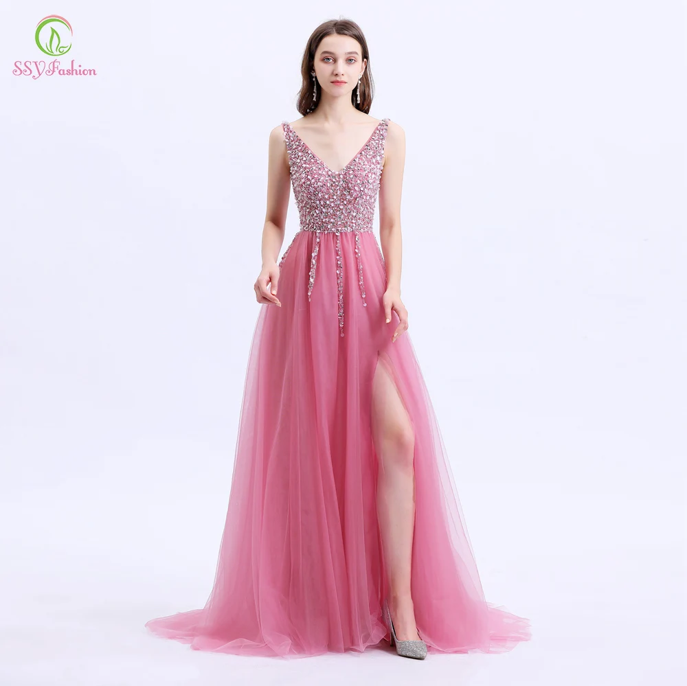 SSYFashion, новинка, роскошное вечернее платье, милое, розовое, расшитое бисером, с блестками, без рукавов, длинное, официальное, выпускное платье, Vestido De Noche, на заказ - Цвет: Розовый