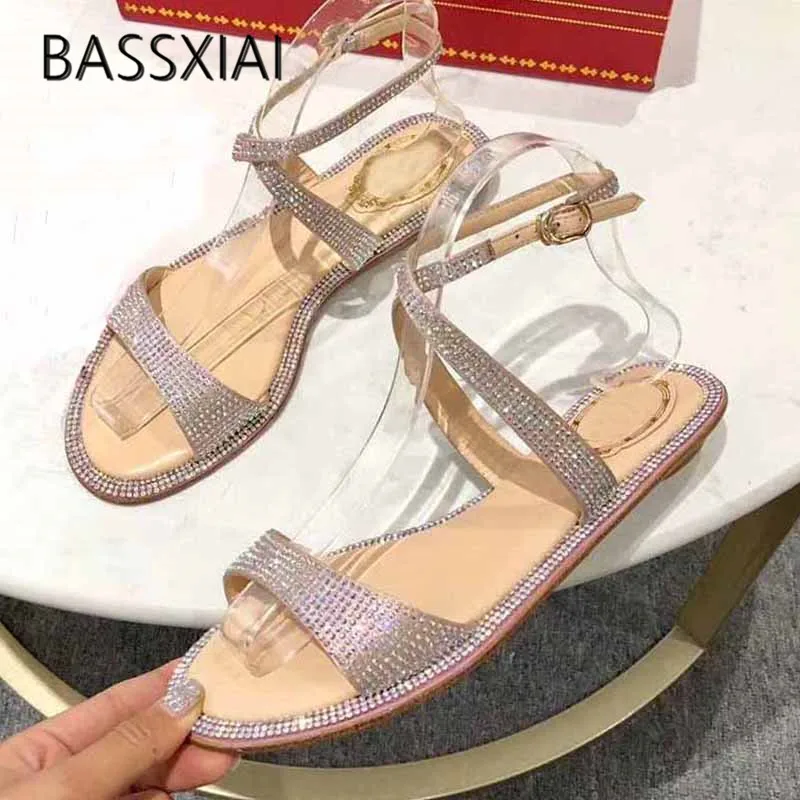 

2019 New Arrival Rhinestone Gladiator Sandals Woman Peep Toe Ankle Strap Flat Shoes Women Sexy Party Shoes