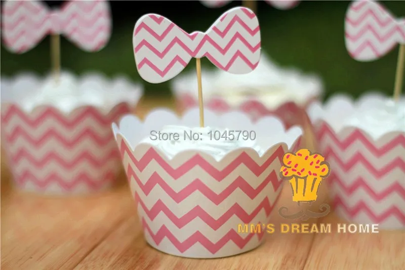 

Free Shipping 24Pcs Pink Stripe Bowknot Cupcake Wrappers Decoration Children Birthday Party Favors With Cupcake Insert Card