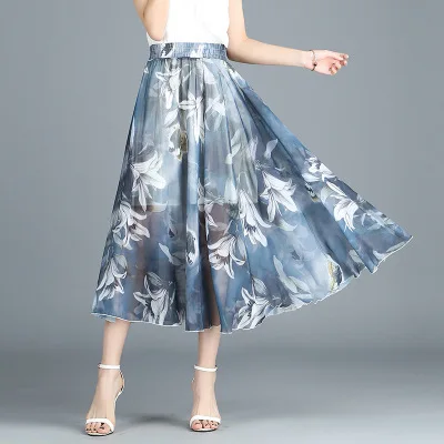 Makuluya New Mori Literary Classic All-Match Soft Women Chiffon Flower Pattern Lithe Elastic Waist Pleated Skirt Beach A-Line L6