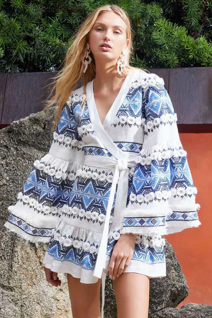 

summer women's dress nationality style embroidery pattern V-neck tie waist flare sleeve casual dress