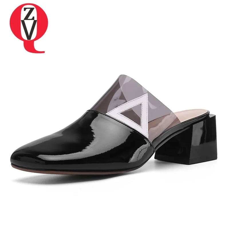 

ZVQ shoes woman summer new fashion square toe patent leather woman slippers outside med square heel mixed colors ladies shoes