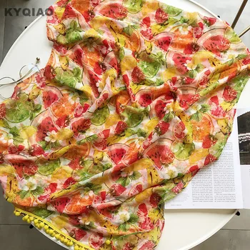 

KYQIAO Cute hijab scarf for women summer Japanese style fresh kawaii long lemon print scarf muffler foreign orders