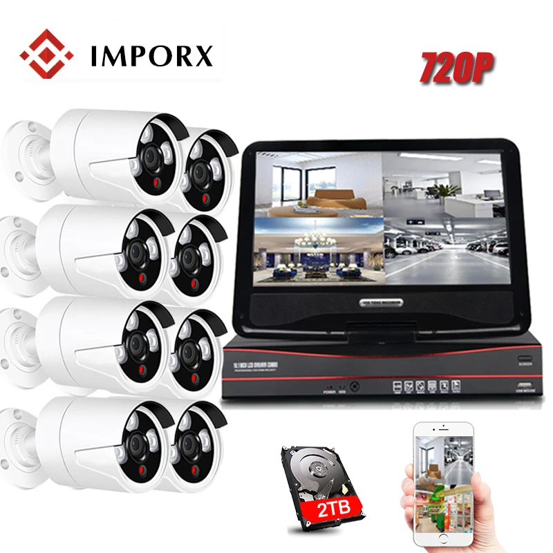 

IMPORX 8PCS 720P CCTV Cameras Wireless NVR Kit 2TB HDD 10"LCD IP Camera Outdoor P2P Wifi H.264 CCTV Camera Security System Kit