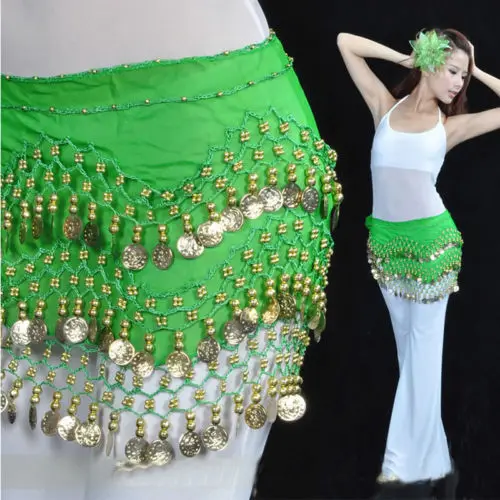 1 шт., милая шифоновая юбка для танца живота, шарф, пояс с золотыми монетами, 3 ряда, 11 цветов, аксессуары для танцев - Цвет: Green