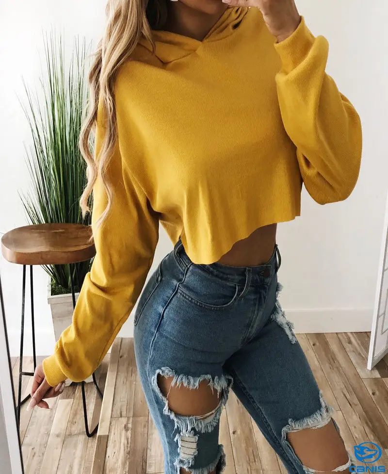  STYLE FASHION 2019 Ladies Crop Hoodie Women Pull Over Plain Casual Short Hooded Sweat Shirt Top Hot