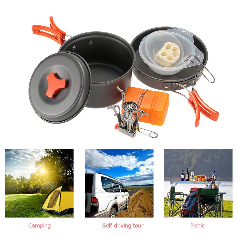 

Outdoor Camping Hiking Cookware with Mini Camping Piezoelectric Ignition Stove Backpacking Cooking Picnic Pot Stove Set
