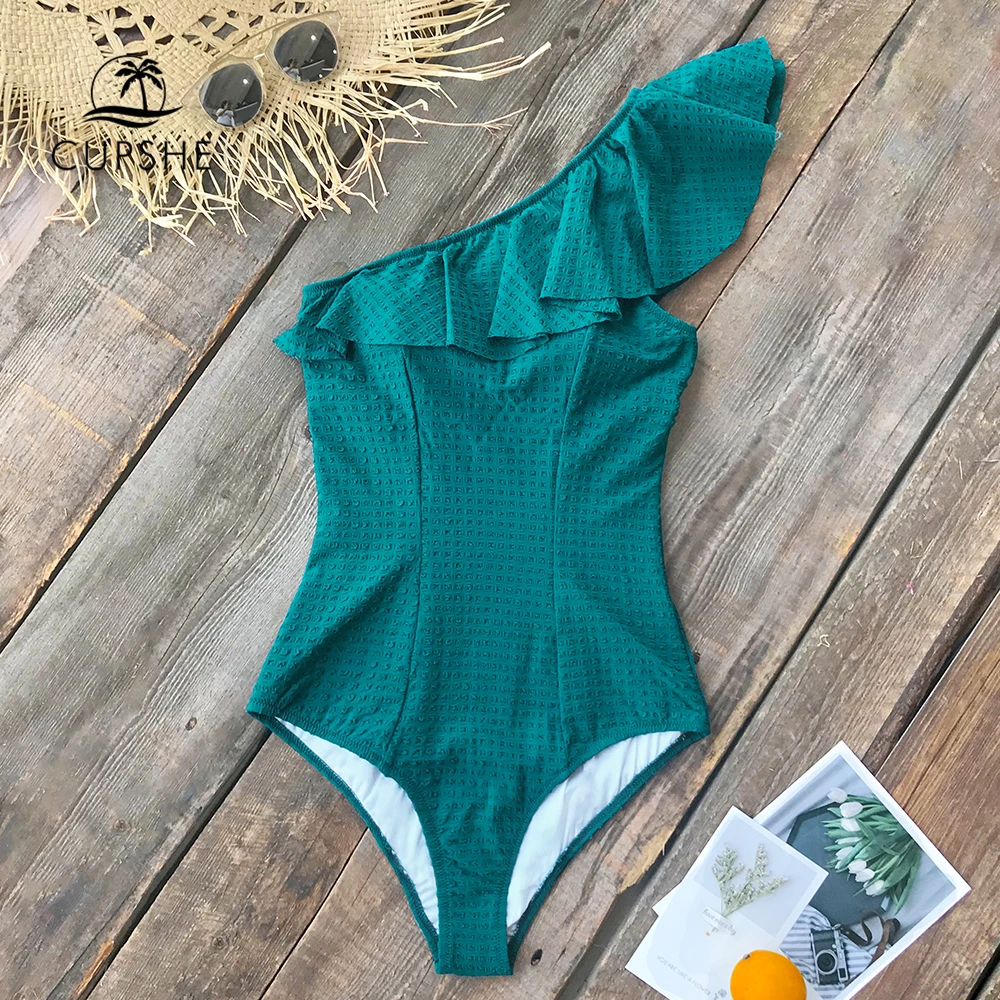 

CUPSHE Sexy Green Teal Ruffle One-Shoulder One-Piece Swimsuit 2019 Women Solid Monokini Bathing Suits Swimwear