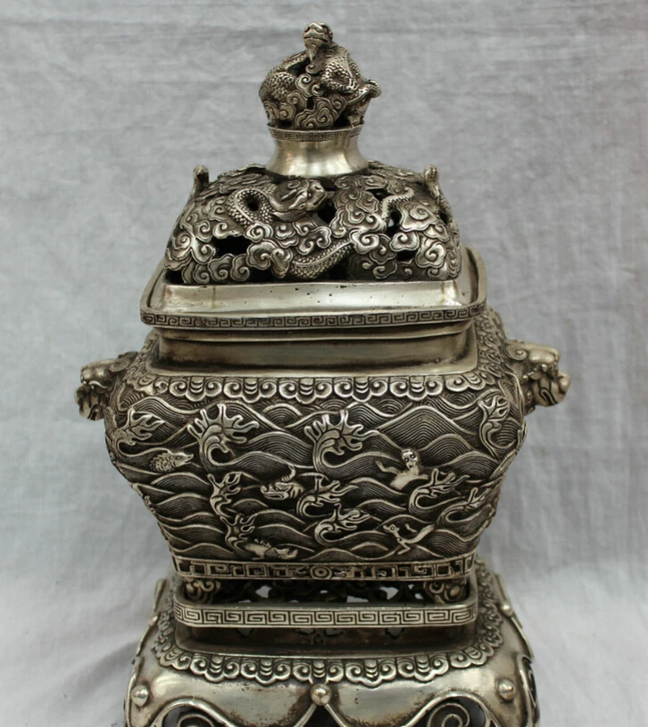 

S2715 13" Tibet Silver Buddhist Dragon Head Statue Lion Box Incense Burner Censer D0318