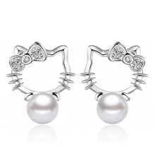 Серебряные Шамбала супер с блестящими стразами камень имитация жемчуга Серьги Мода hello kitty ювелирные изделия 8 мм