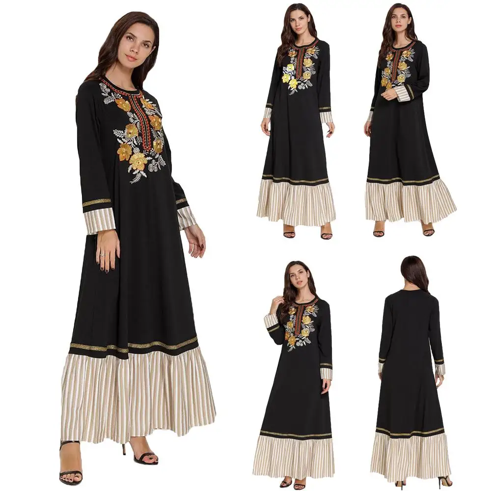 

Muslim Women Embroidery Long Dress Islamic Maxi Robe Abaya Kaftan Casual Gown Dubai Black Plus Size Dress Stripe Patchwok M-4XL