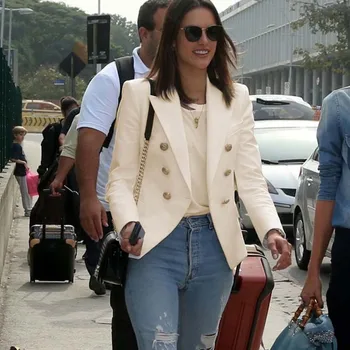 

Autumn Winter Fashion 2018 Star Runway Designer Jackets Women Gold Buttons Double Breasted White Jacket Coat S-XXL Clothing