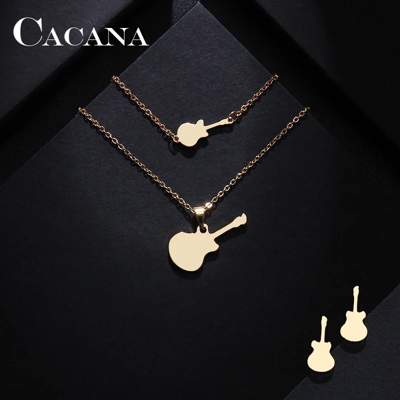 

CACANA Stainless Steel Sets For Women Guitar Shape Necklace Bracelet Earring Jewelry Lover's Engagement Jewelry S313
