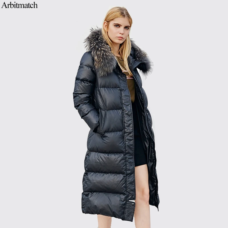 Arbitmatch Moda Para Baixo Mulheres Jaqueta de Inverno Grande Guaxinim Naturais Gola De Pele Com Capuz Parka Quente Longo Outwear Feminino Casacos Grossos