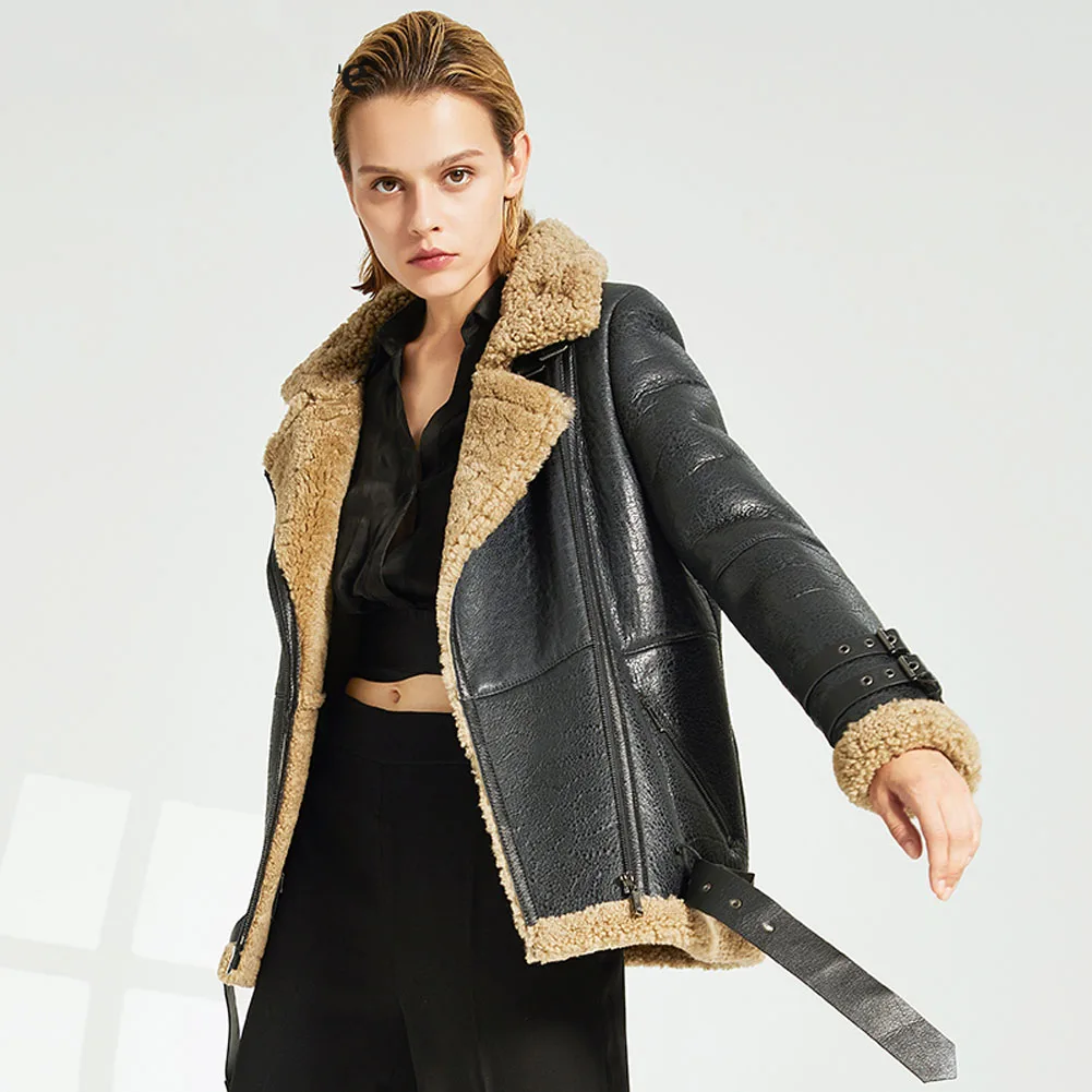 Женская куртка из овчины B3, женская короткая мотоциклетная куртка, женская зимняя кожаная теплая куртка