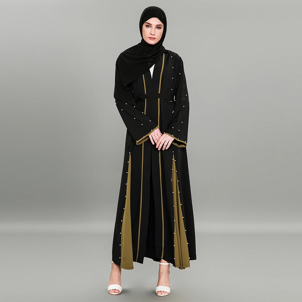 

Muslim color matching stitching fashion beaded long-sleeved style cardigan robes female 1586