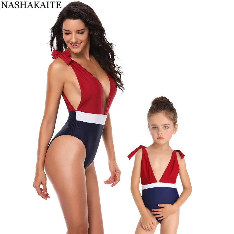 NASHAKAITE Mommy and me Swimsuit Patchwork V neck Sexy High Cross