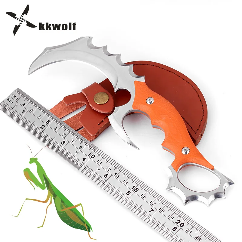 

KKWOLF High Quality Karambit Hunting Knife Camping Tactical Fighting Knife Orange G10 Handle Pocket knife EDC claw tool defense