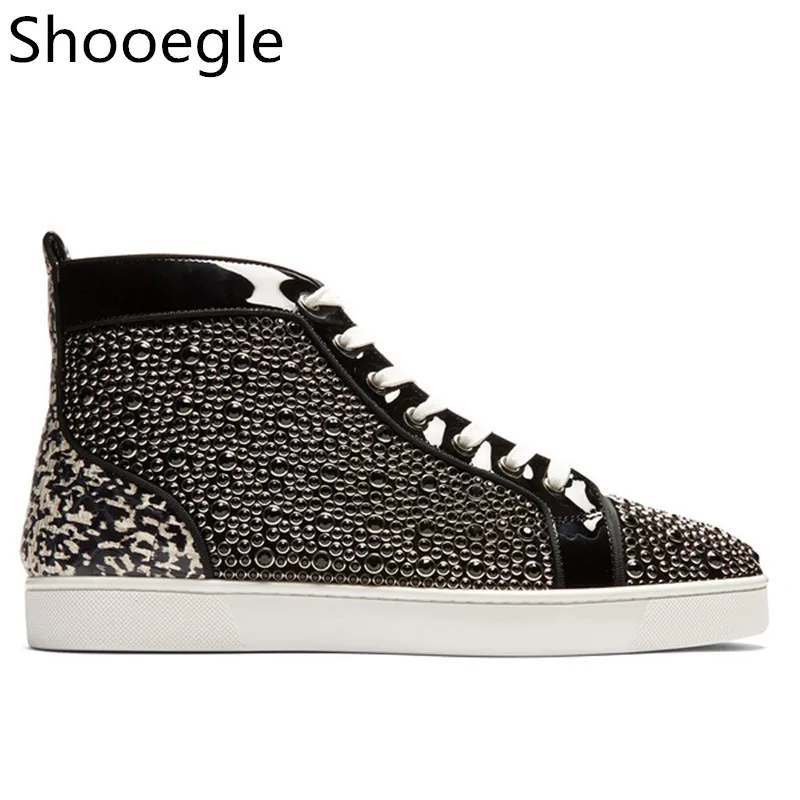 

Fashion Rhinestone Stud Casual Men Shoes patchwork Lace Up High Top Sneakers Mens Black Sneakers
