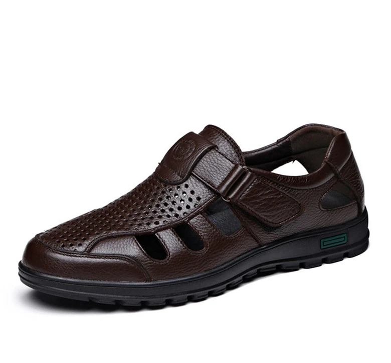 Классические мужские кожаные сандалии-гладиаторы; Повседневная дышащая Летняя мужская обувь с вырезами; обувь на плоской подошве на липучке; 02A