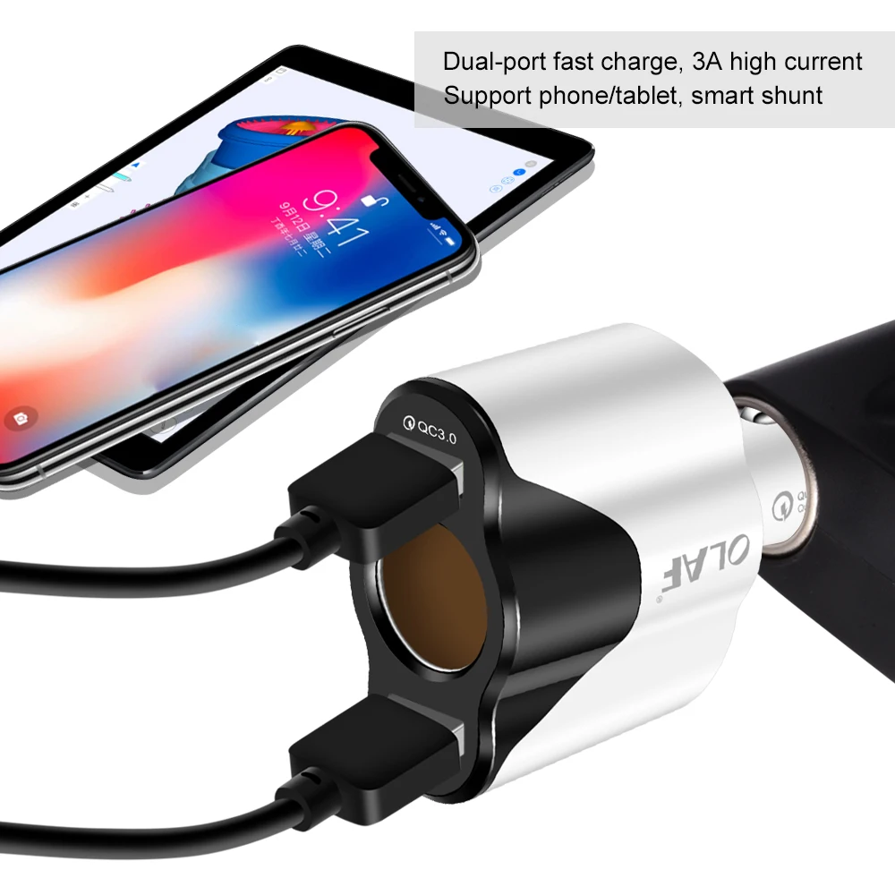 أولاف شاحن سيارة سريعة تهمة 3.0 مع ولاعة السجائر المقبس سيارة المزدوج USB شاحن آيفون 8 7 6 سامسونج S8 Xiaomi GPS DVR