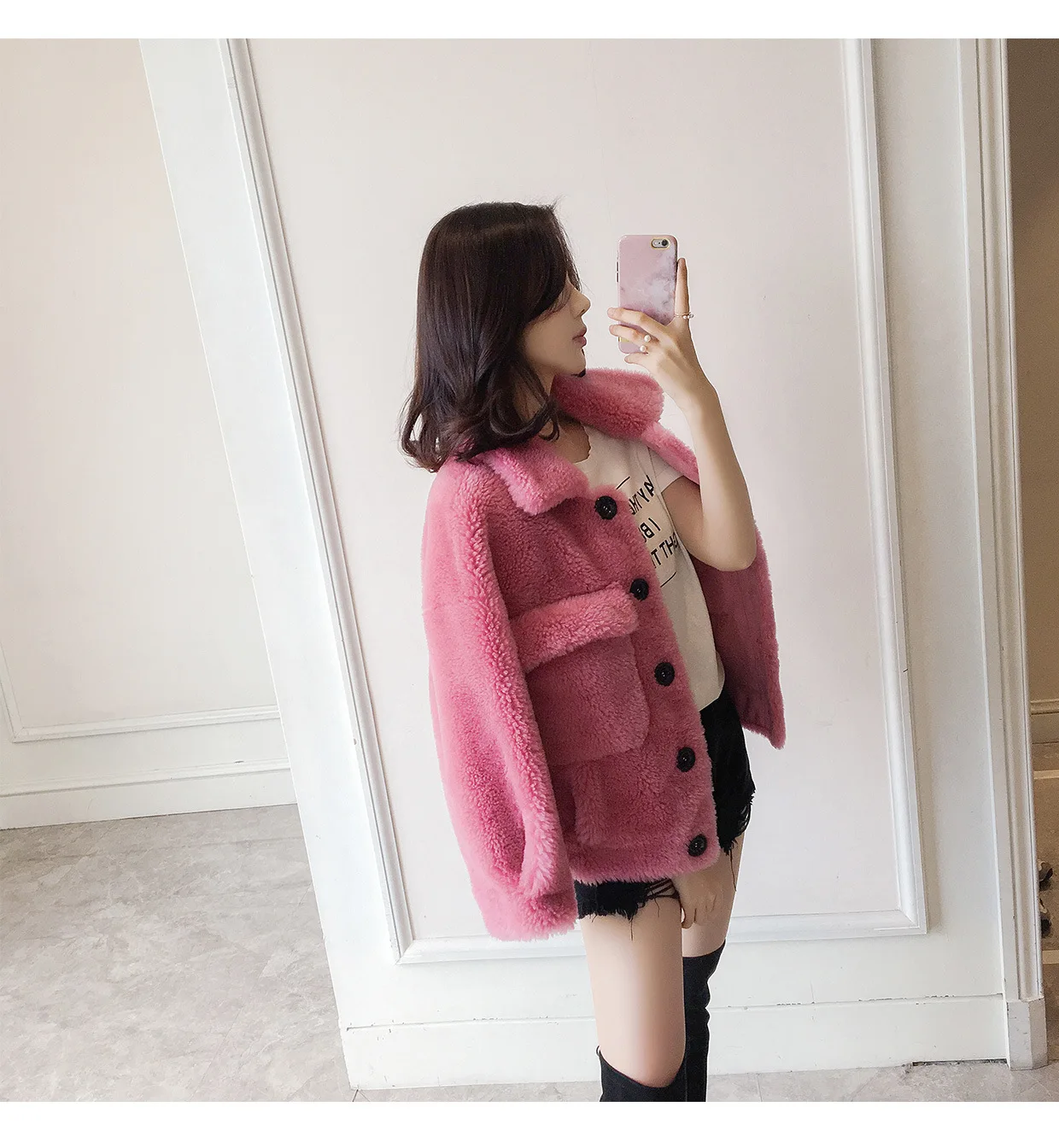 DUOUPA 2019 Lazy New Small Fashion Sheep Sheared Fur Coat Female Short Paragraph Dream Particles Gilded Square Collar Coat