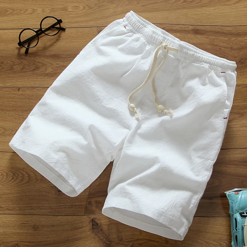 2018 summer New Fashion Mid Elastic Waist Loose Casual Solid Quality Summer New Flax Man Blue White Beach Thin Linen Men Shorts