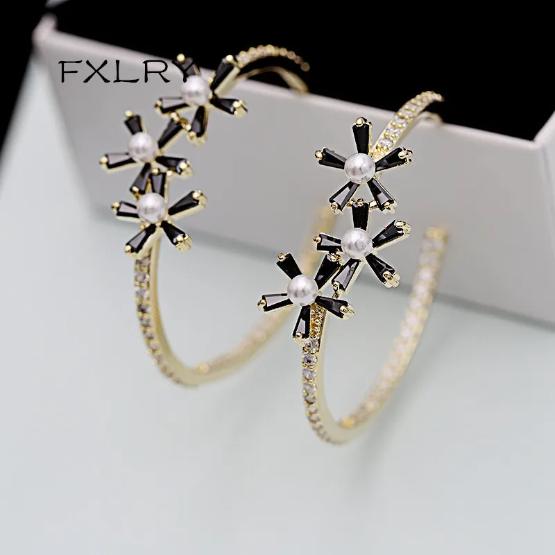 

FXLRY new Exaggerated flower circle earrings micro-inlaid zircon pearl large circle earrings for women Party Jewelry