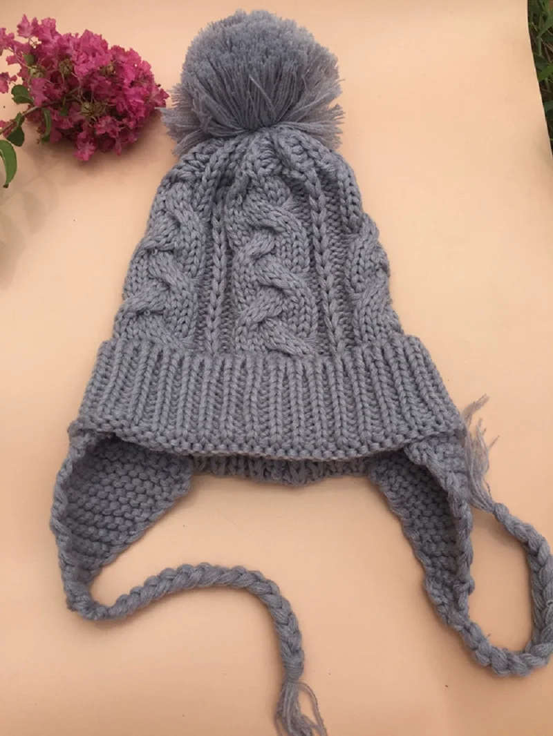 Зимняя детская шляпка, связанная крючком Детская шапка с защитой ушей для девочек, вязаная шерстяная шапка для маленьких мальчиков, теплые детские шапки с помпоном