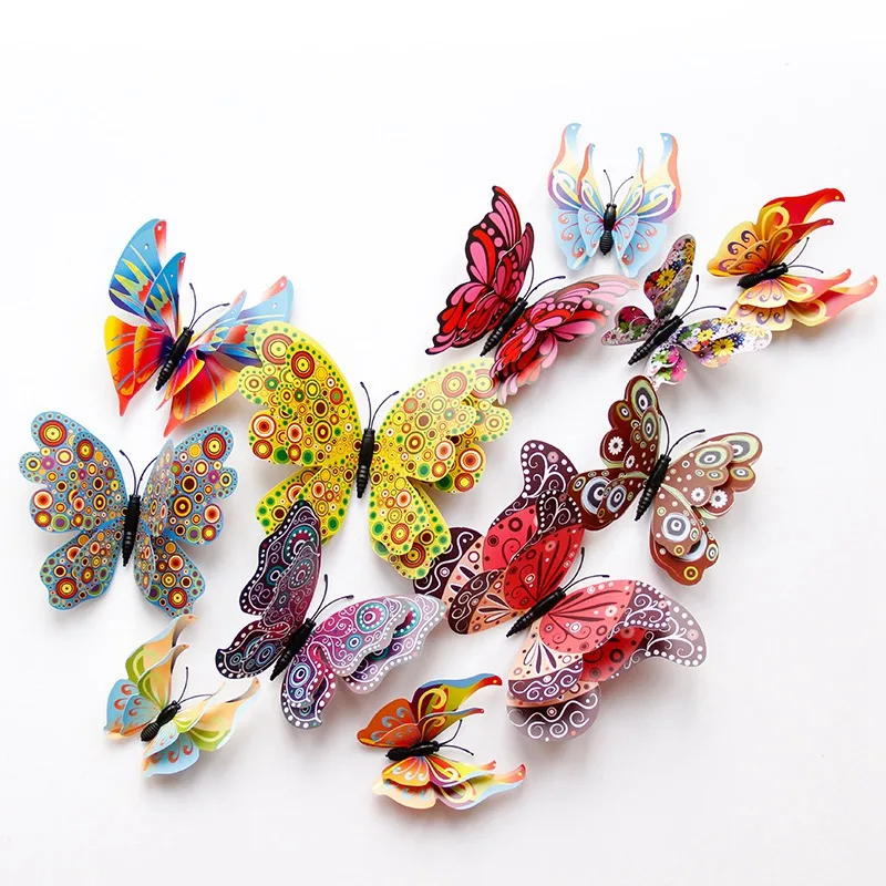 Mariposa decorativa de doble capa 3D para dormitorio, cortina de fiesta, flor falsa, decoración artesanal, mariposas de PVC con Pin DC28, 12 unids/lote